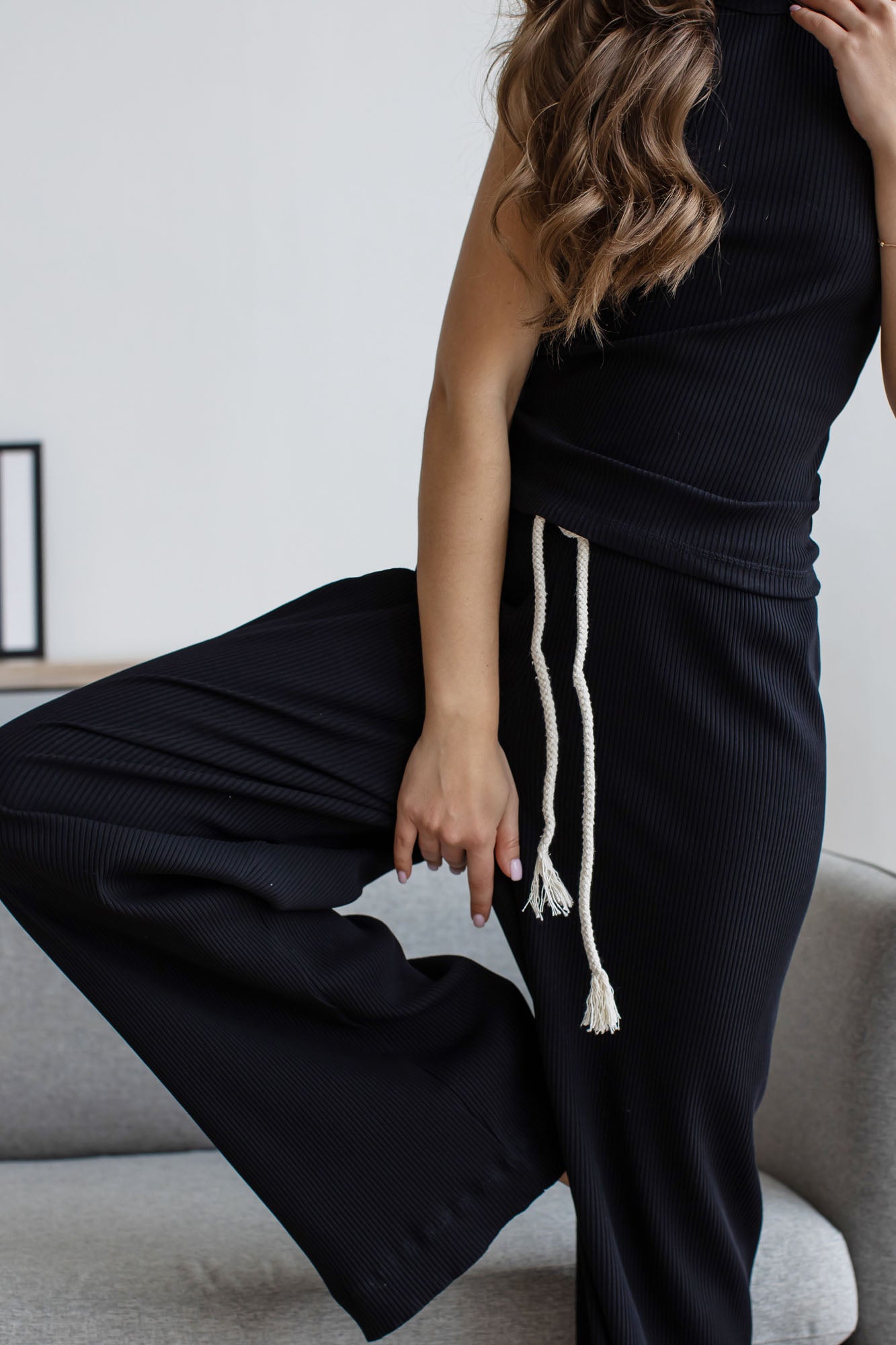 Set: Rippstrick-Tanktop und Palazzo-Hose, Schwarz