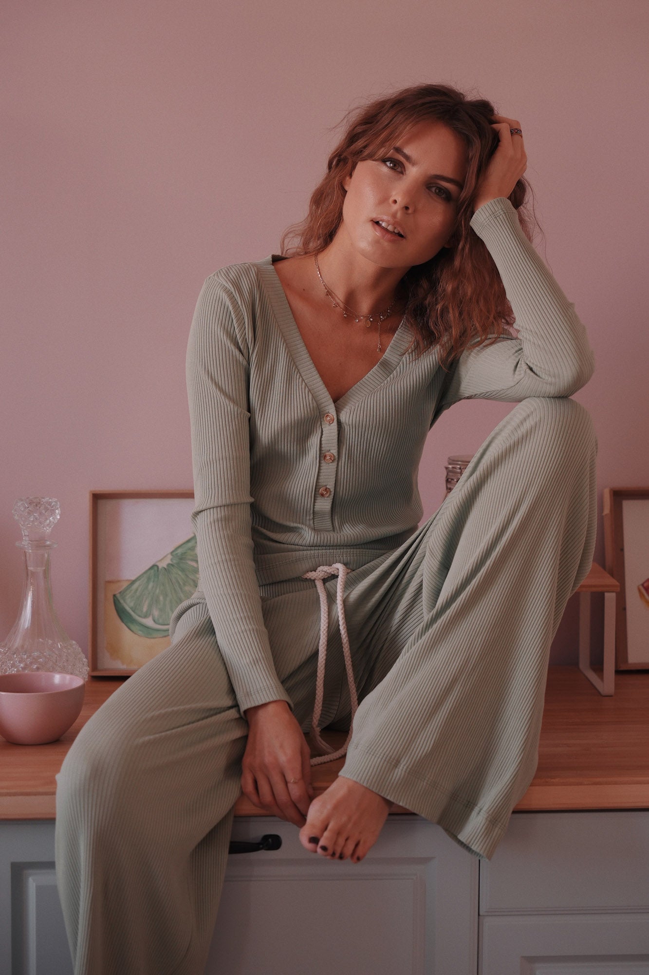 Set: Rippstrick-Longsleeve und Palazzo-Hose, Hellgrun