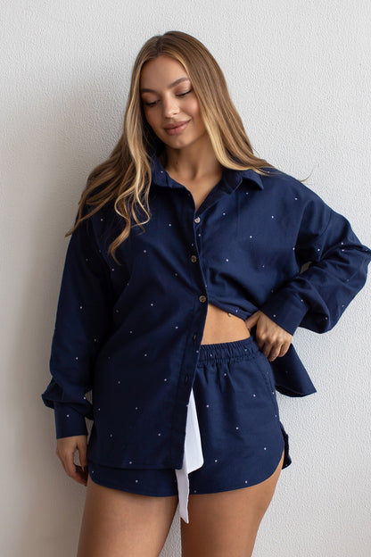 Übergroßes Flanellhemd in mittlerer Länge, dunkelblau