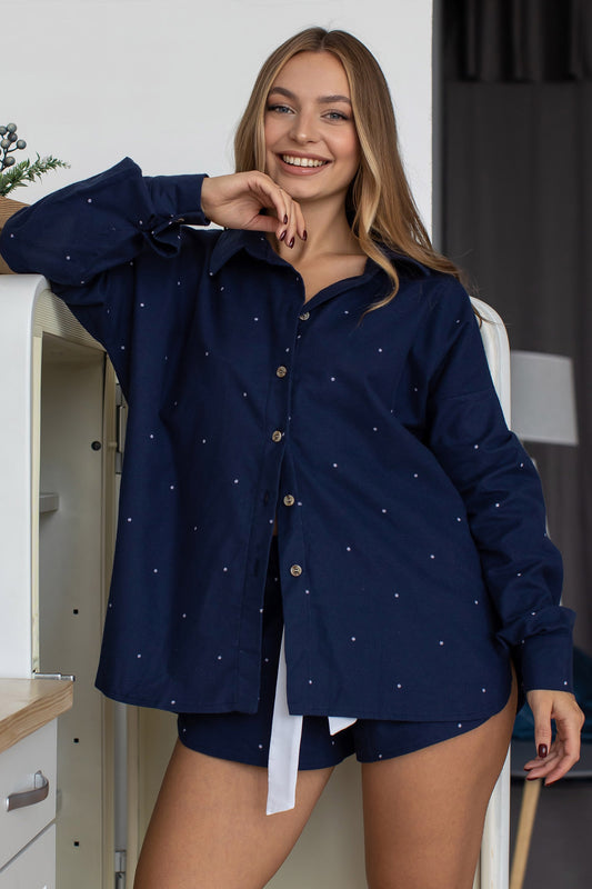 Übergroßes Flanellhemd in mittlerer Länge, dunkelblau