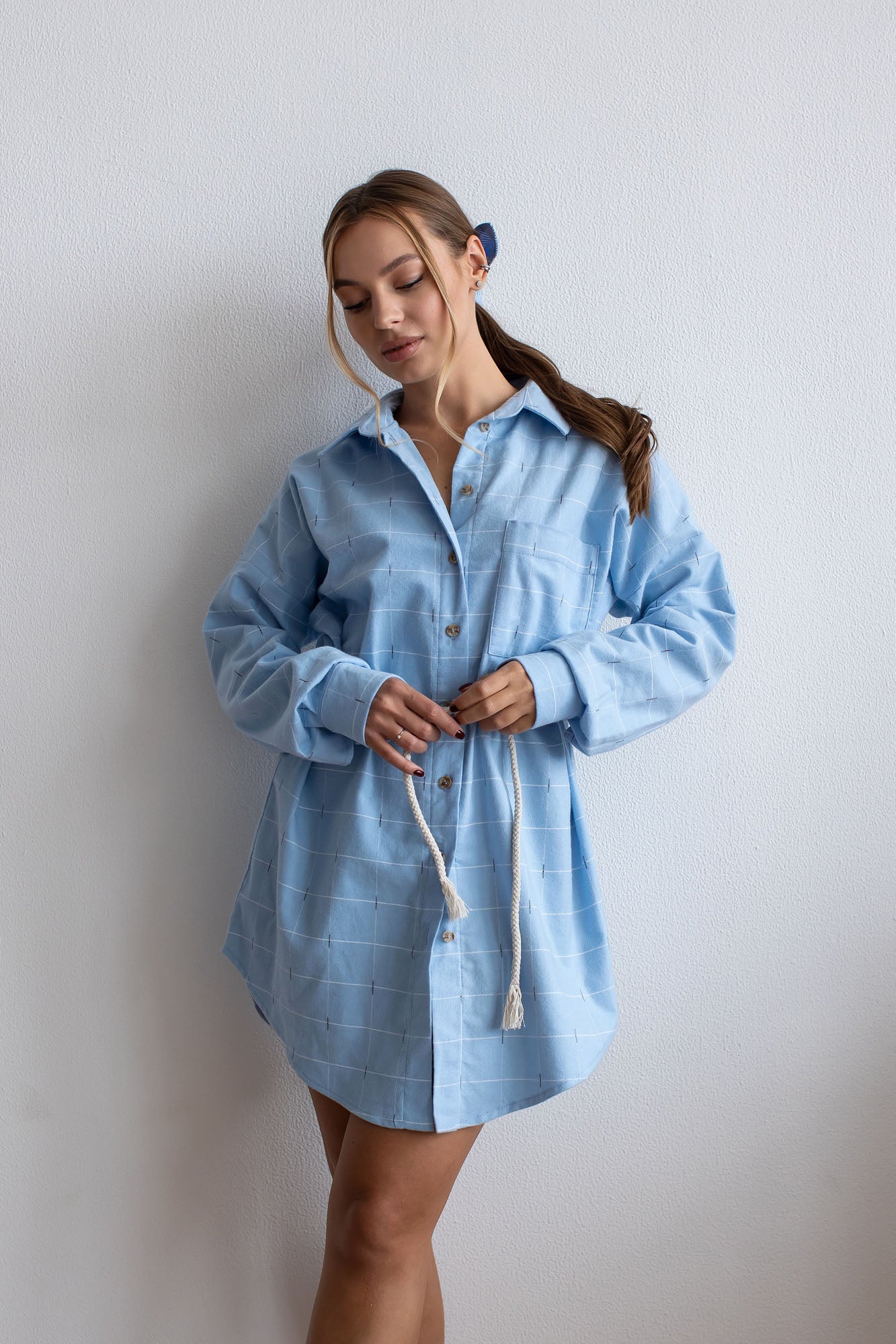 Oversized Flanell-Hemdkleid im blau Karomuster