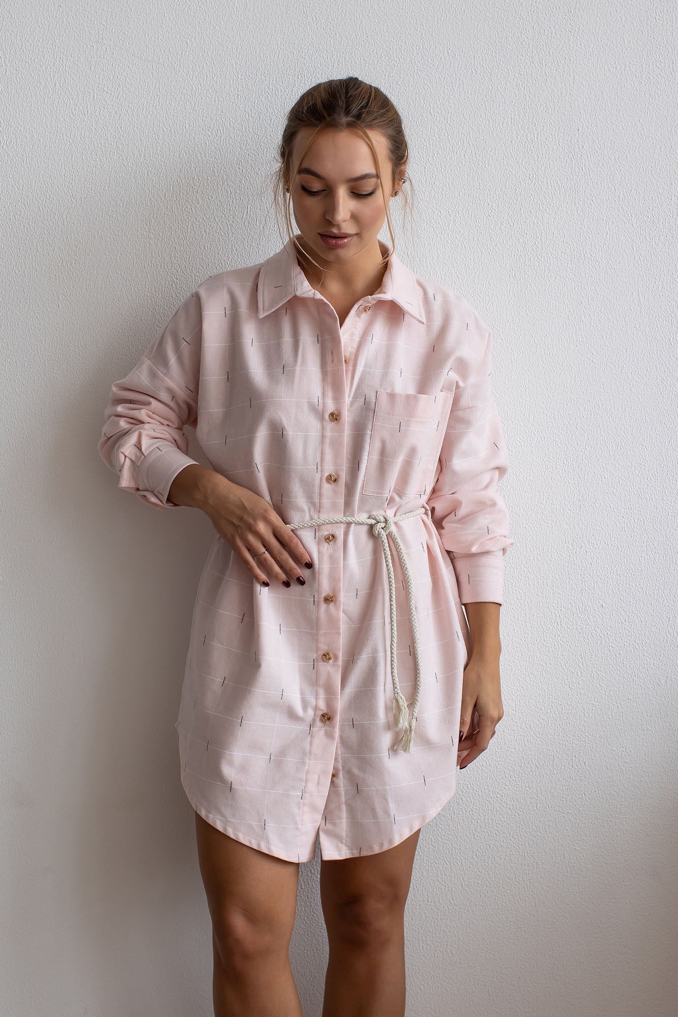 Oversized Flanell-Hemdkleid im rosa Karomuster