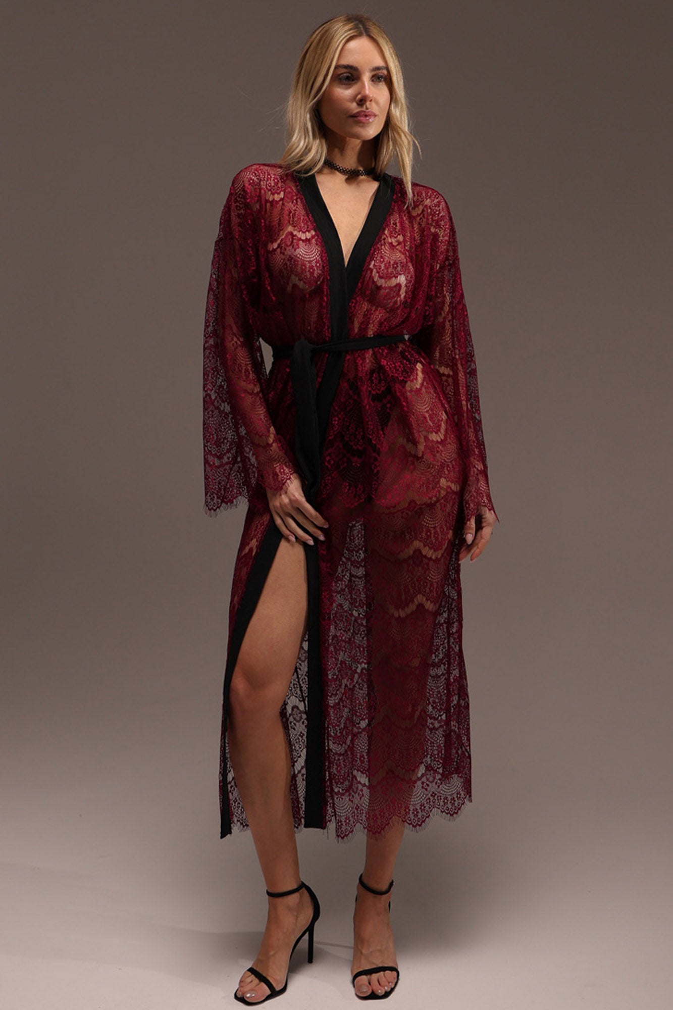 BURGUNDY GUIPURE LACE KIMONO LONG SLEEVE