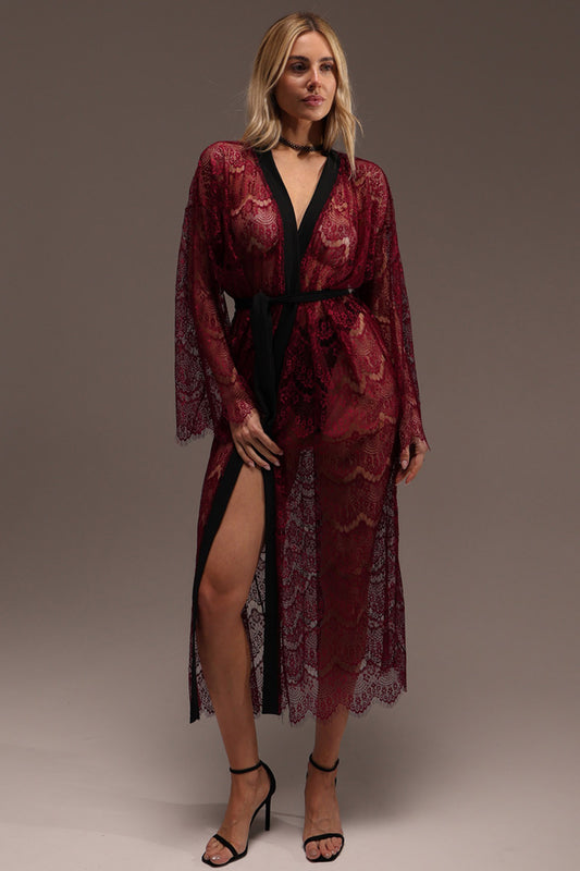 BURGUNDY GUIPURE LACE KIMONO LONG SLEEVE