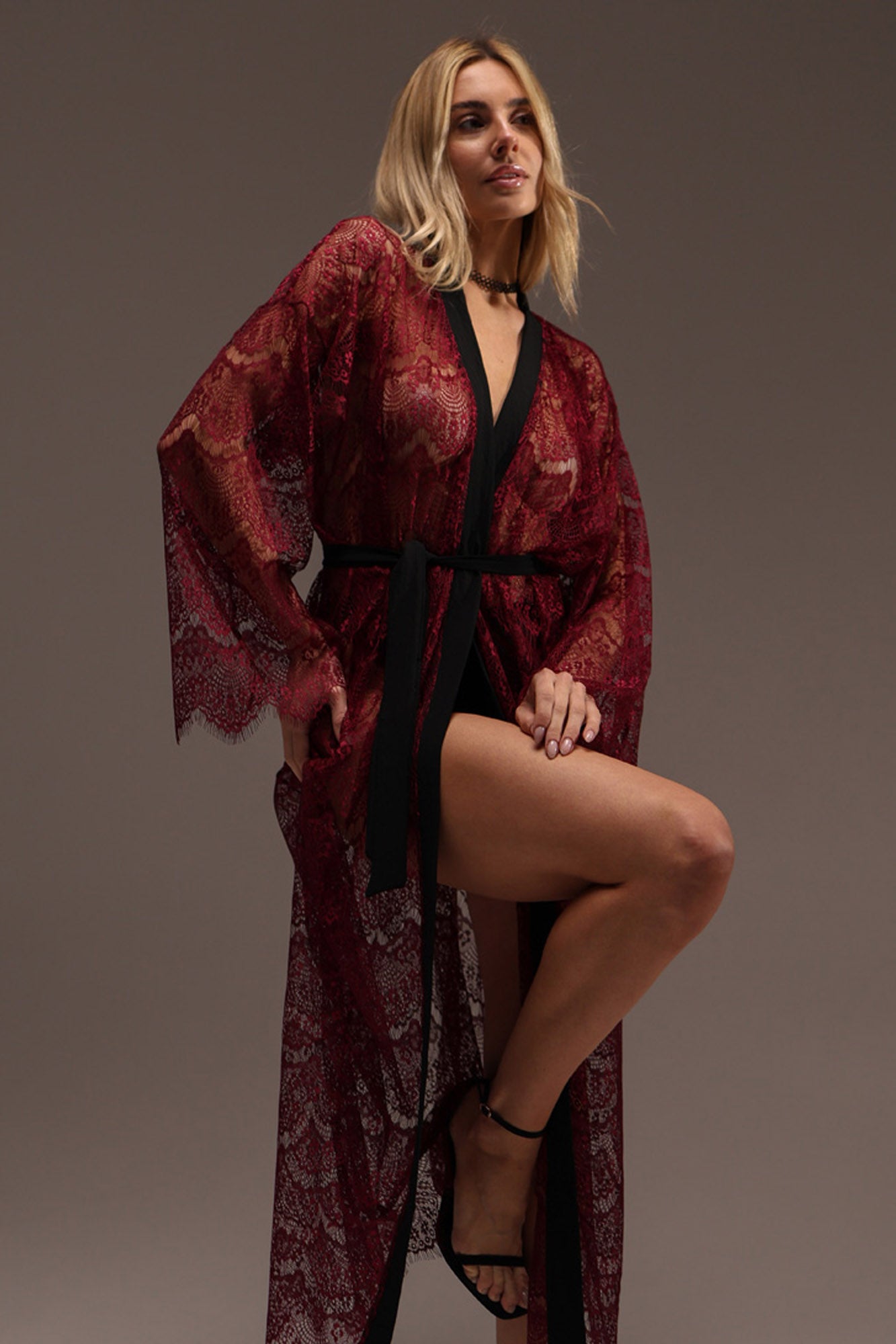 BURGUNDY GUIPURE LACE KIMONO LONG SLEEVE