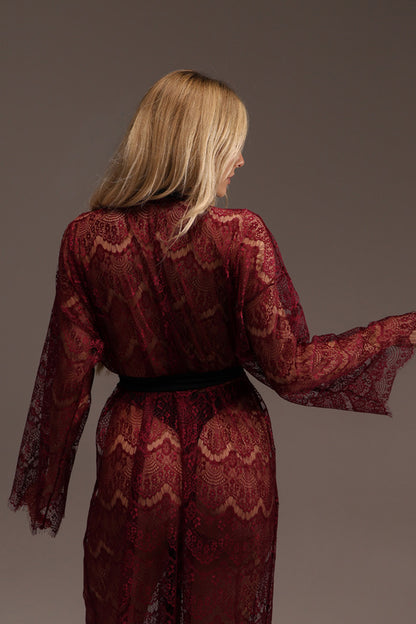 BURGUNDY GUIPURE LACE KIMONO LONG SLEEVE