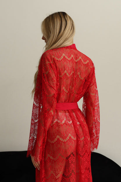 RED GUIPURE LACE KIMONO LONG SLEEVE