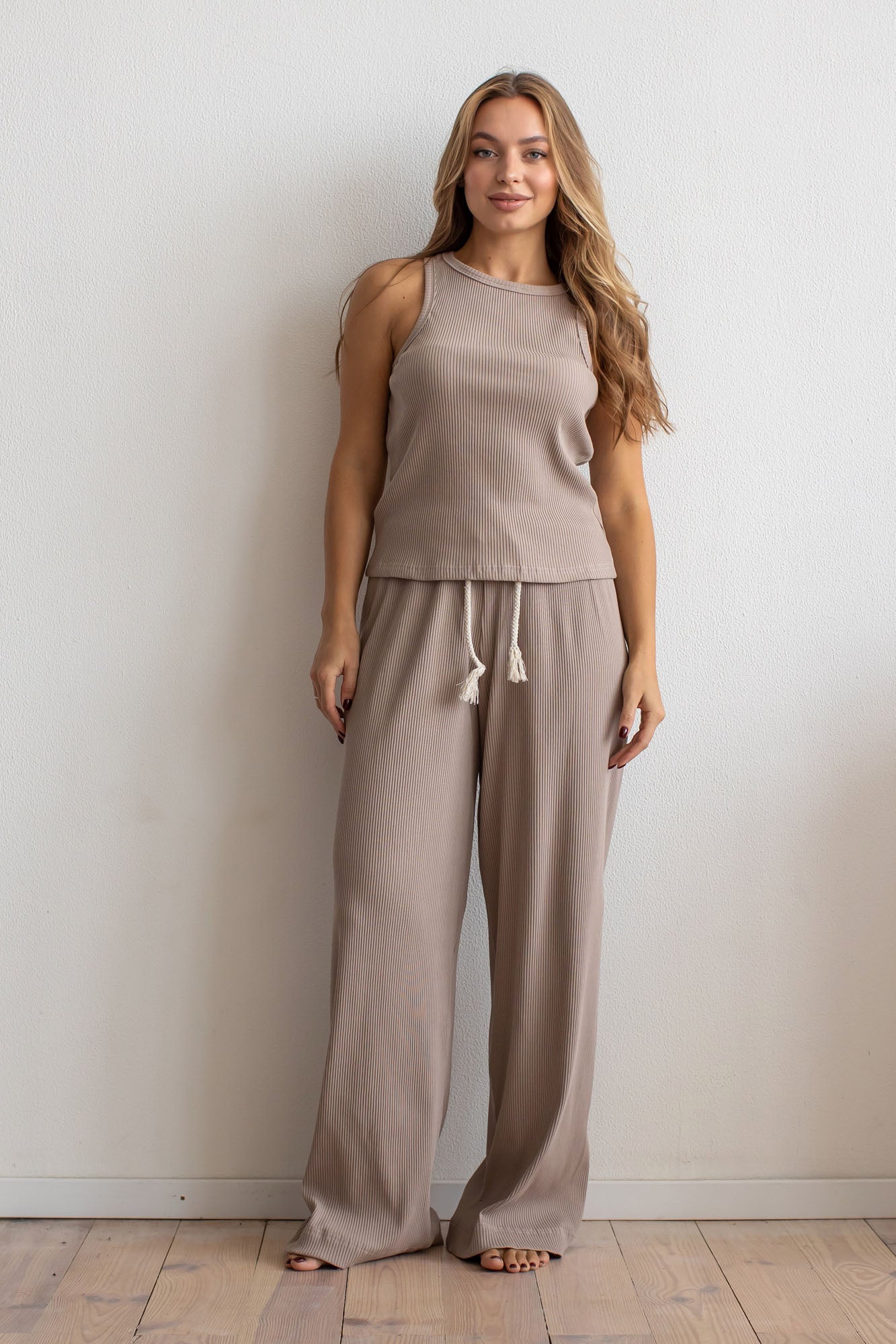 Set: Rippstrick-Tanktop und Palazzo-Hose, Beige