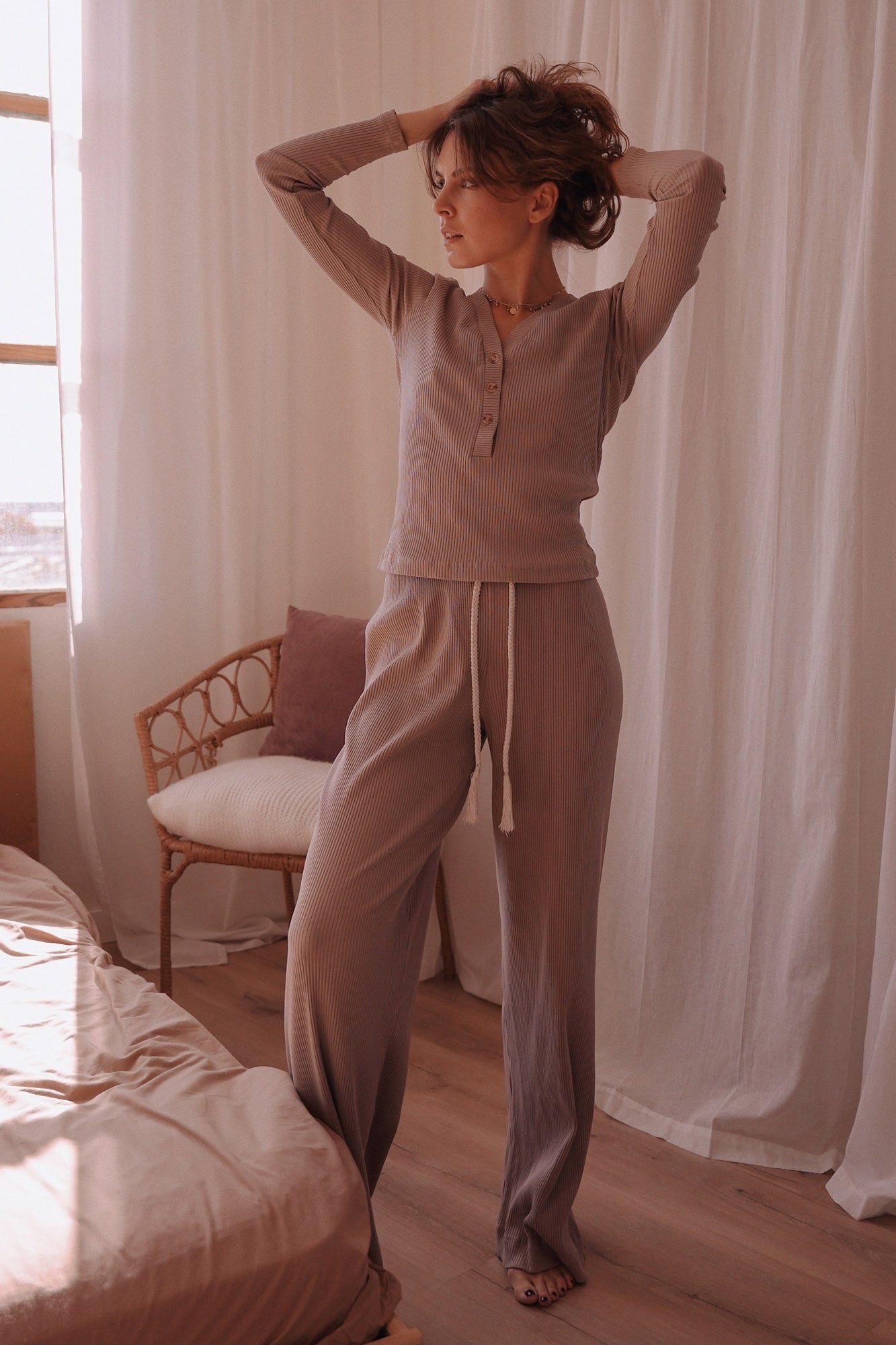 Set: Rippstrick-Longsleeve und Palazzo-Hose, Beige