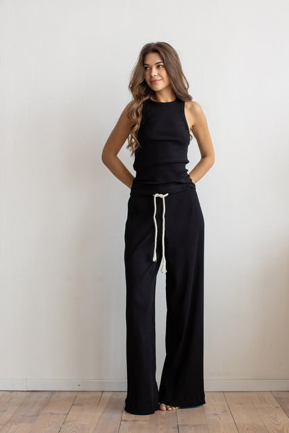 Set: Rippstrick-Tanktop und Palazzo-Hose, Schwarz