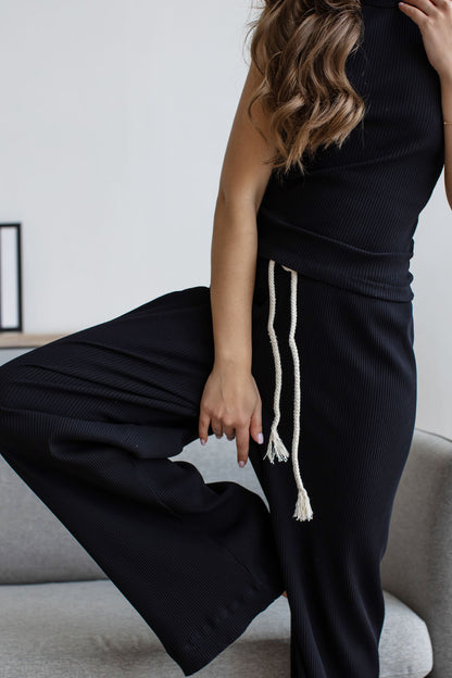 Set: Rippstrick-Tanktop und Palazzo-Hose, Schwarz