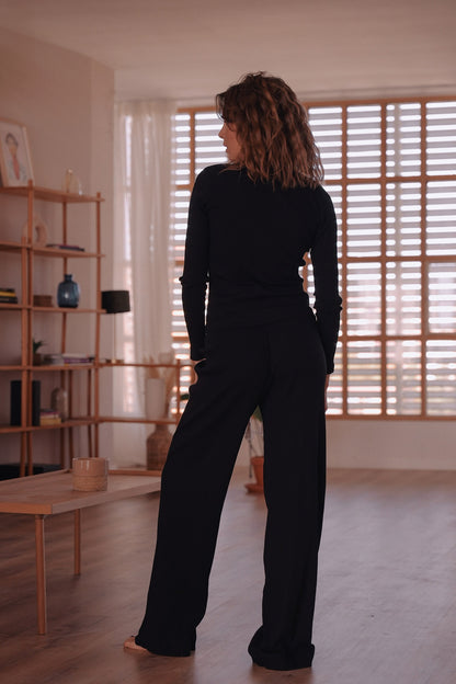 Set: Rippstrick-Longsleeve und Palazzo-Hose, Schwarz