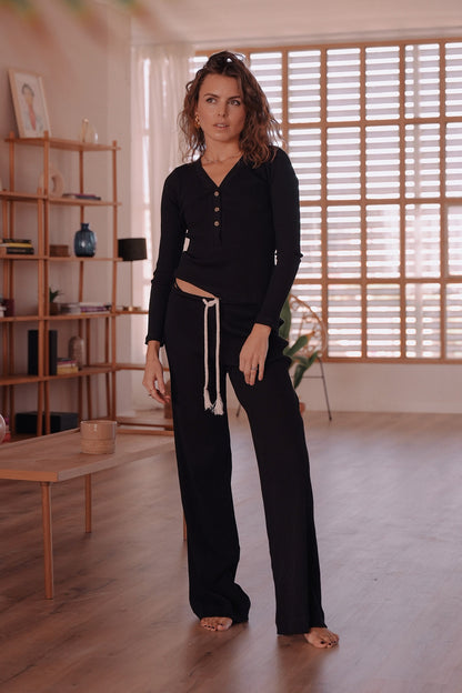 Set: Rippstrick-Longsleeve und Palazzo-Hose, Schwarz