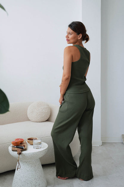 Set: Rippstrick-Tanktop und Palazzo-Hose, Khaki